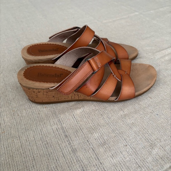 Bjorndal Mabel Cognac Brown Wedge Cork Strappy Sandals Size 6.5 Boho Earthy - Picture 1 of 8